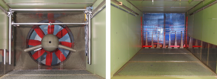 Bild 1: Gebläse des GWK, Blick in Strömungsrichtung / Bild 2: Einlaufhindernisse und Bodenrauhigkeiten, Blick gegen die Strömungsrichtung